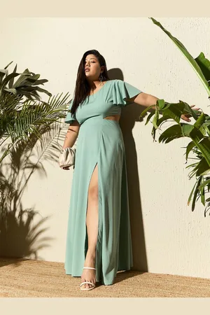 Berrylush Plus Size Green Cut-Outs Round Neck Flared Sleeves Maxi Dress