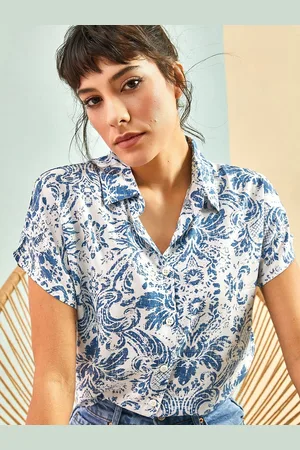 Bianco Lucci Floral Printed Spread Collar Short Extended Sleeves Casual Shirt