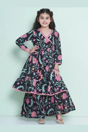 Bhama Girls Pure Cotton Floral Angrakha Kurta with Sharara