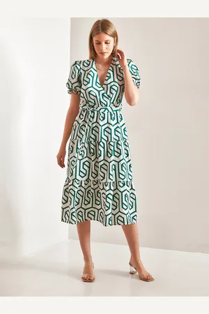 Bianco Lucci Women Geometric Printed Cotton Puff Sleeve Fit & Flare Midi Dress