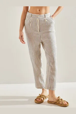 Bianco Lucci Women Striped Cotton Regular Trousers