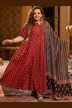 DesiNoor Plus Size Printed Pure Cotton Anarkali Kurta With Dupatta