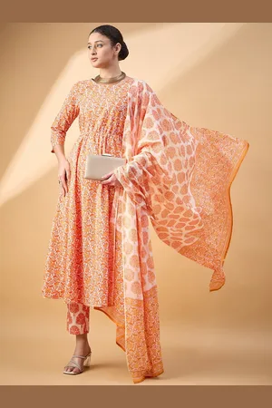 Deewa Women Floral Printed Pleated Pure Cotton Kurti with Trousers & With Dupatta