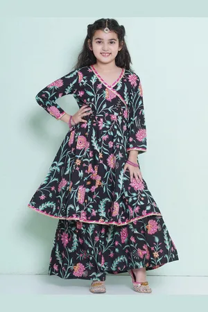 Bhama Girls Pure Cotton Floral Angrakha Kurta with Sharara
