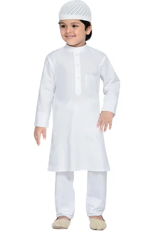 AJ DEZINES Boys White Solid Kurta with Pyjamas & Hat