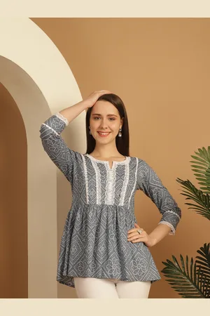 Rajnandini Floral Print Cotton Notched Neck Three-Quarter Sleeves Casual Top