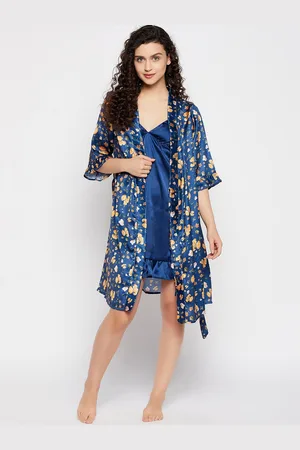 Clovia Blue Floral Printed Satin Robe With Belt