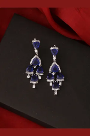Tistabene Women Rhodium-Toned Blue Crystal & Stone Studded Contemporary Drop Earrings