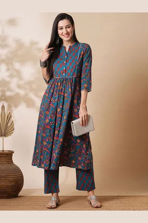 Globus Floral Printed Gotta Lace Gathered A-Line Kurta With Straight Pants Workwear Set