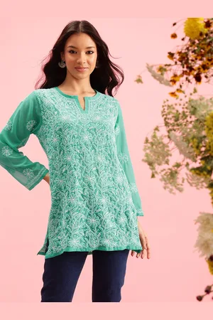 ADAM Co. Sea Green & White Floral Embroidered Plus Size Chikankari Kurti