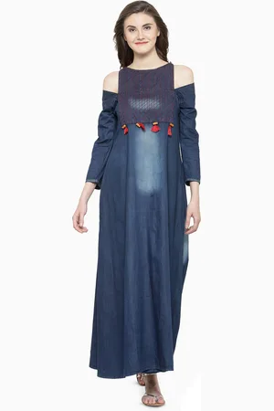 Kalini Checked Cold-Shoulder Sleeves Denim Maxi Dress