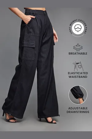 Miss Chase Women Lightweight Straight Fit High-Rise Cotton Stretchable Denim Parachute Pants