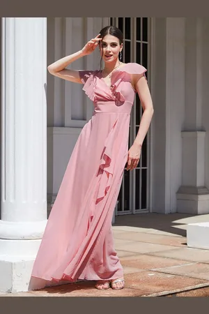 Bebe Women V-neck Pink A-line Ruffle Slit Maxi Dress
