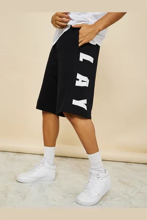 Styli Men Black Oversized Cotton Terry Shorts with Bold Text Print Detail