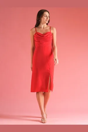Globus Women Sweetheart Cowl Neck Strappy Shoulder Front Slit Midi Sheath Dress