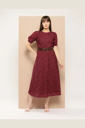 Chemistry Printed Puff Sleeves A-Line Midi Dress with Belt