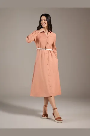 20Dresses Orange Long Cuffed Sleeves Linen Shirt Midi Dress With Belt