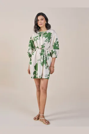 AND Floral Print Tie-Up Neck Puff Sleeve A-Line Dress
