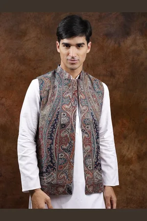 Exotic India Kani Jamawar Wool Nehru Jacket with Woven Paiselys and Flowers