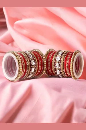 Leshya Set Of 62 Brass-Plated Kundan-Studded & Beaded Bangles