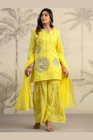 SCAKHI Floral Embroidered Gotta Patti Mulmul Cotton Straight Kurta With Sharara & Dupatta