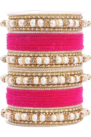 Leshya Set Of 32 Brass-Plated Artificial Stones & Beads Studded Bangles