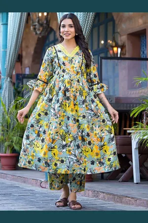 Aujjessa Floral Printed V-Neck Bell Sleeves Pure Cotton Maternity Kurta with Trousers