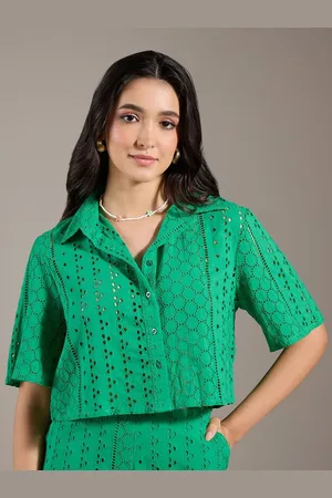 20Dresses Green Self Design Schiffli Pure Cotton Casual Shirt