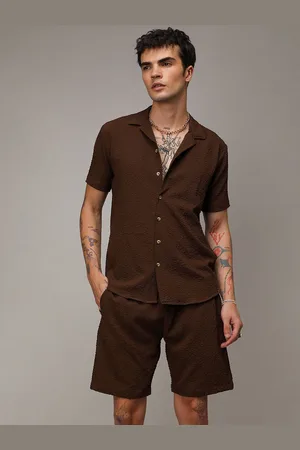 Campus Chocolate Brown Short Sleeves Textured Shirt & Shorts
