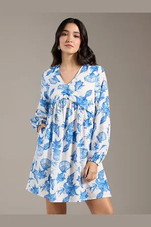 20Dresses Women Blue & White Floral Printed V-Neck Bishop Sleeves A-Line Dress