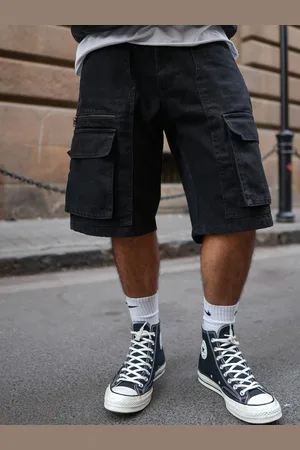 Powerlook Men Black Denim Cargo Pocket Loose Fit Denim Shorts