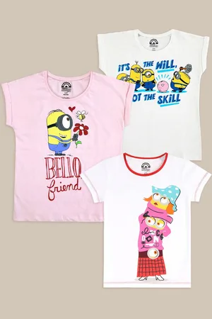 Kidsville Girls Pack Of 3 Minions Graphic Printed Pure Cotton T-Shirts