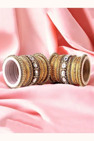 Leshya Set Of 62 Brass-Plated Stone-Studded & Beaded Bangles