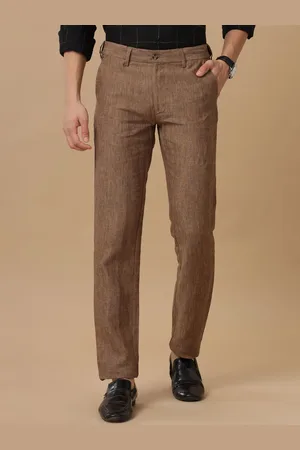 Linen Club Men Textured Slim Fit Mid Rise Pure Linen Formal Trousers