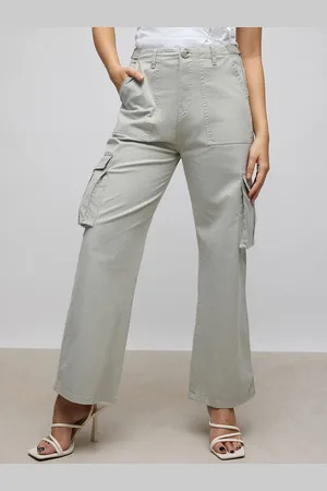 FREAKINS Women Green Straight Fit High-Rise Clean Look Cotton Cargo Jeans