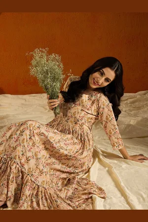 Anouk Beige Floral Printed Flared Bell Sleeve Cotton Maxi Dress