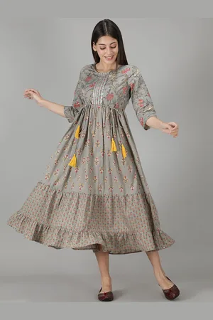 HERE&NOW Women Cotton Grey Floral Printed Flared Ethinic Dress