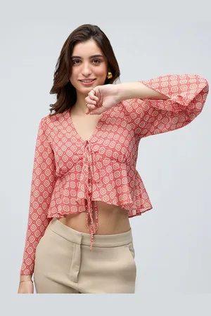 20Dresses Geometric Checked V Neck Bell Sleeve Chiffon Peplum Top