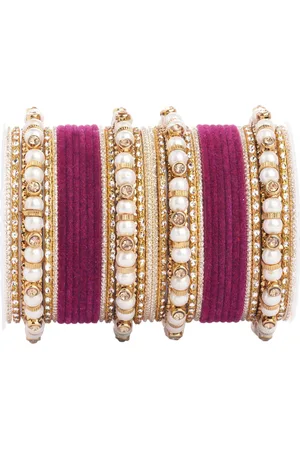 Leshya Set Of 32 Brass-Plated Stone-Studded & Beaded Bangles