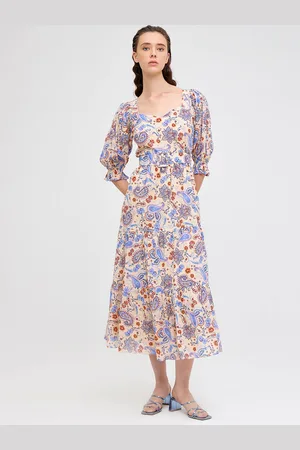 COVER STORY Women Floral Print Puff Sleeve Fit & Flare Midi Dress