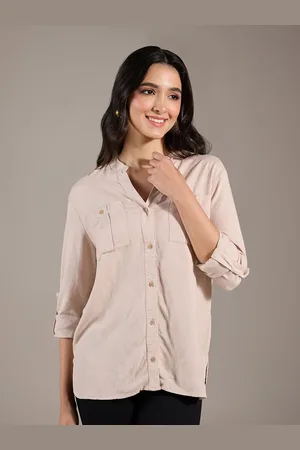 20Dresses Beige Mandarin Collar Roll Up Sleeves Casual Shirt