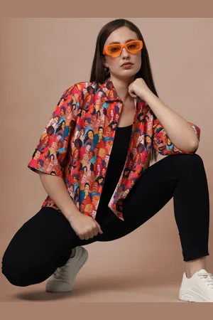 CHARMGAL Women Classic Abstract Printed Oversized Maroon Shirt