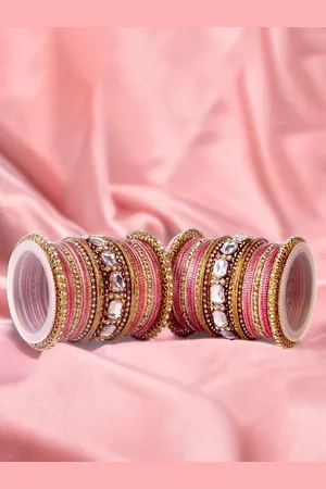 Leshya Set Of 62 Brass-Plated Stone-Studded & Beaded Bangles