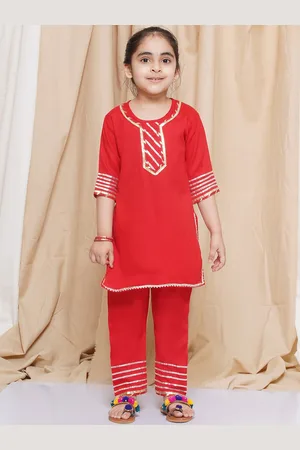 AJ DEZINES Girls Yoke Design Gotta Patti Pure Cotton Kurta with Pyjamas
