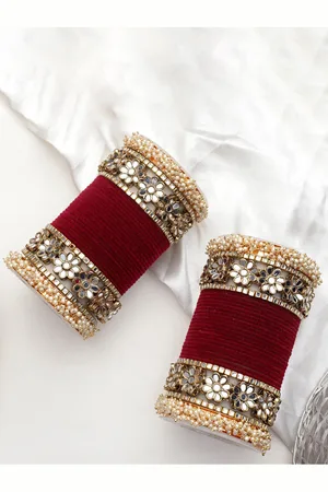 Leshya Set Of 48 Brass Plated Stone Studded & Beaded Bangles