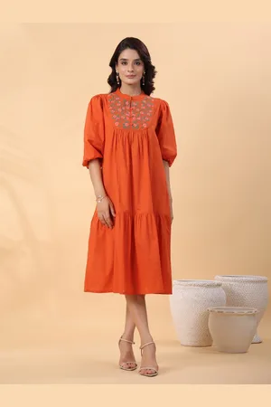 Janasya Embroidered Puff Sleeves Cotton Dobby Tiered A-Line Midi Dress