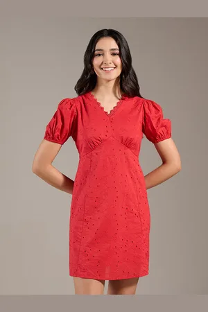 20Dresses Red Schiffli Embroidered V-Neck Puff Sleeve Pre Cotton A-Line Mini Dress