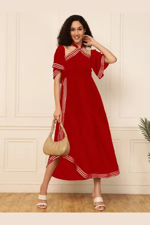 DEEBACO Women Halter Neck Flared Sleeves Empire Midi Dress