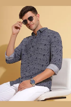 HERE&NOW Navy Blue Slim Fit Geometric Printed Spread Collar Long Sleeves Shirt