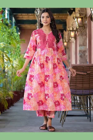 Aujjessa Floral Printed Empire Thread Work Pure Cotton Maternity Kurta with Trousers